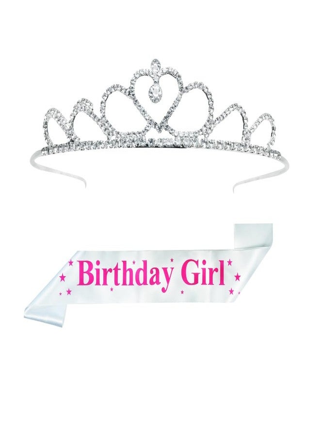 Decofy Birthday Sash & Crown Set | Tiara Crown HairBand For All Age Group Of Girls & Womens (3 Pc Set- With Pin-White) - Image 1
